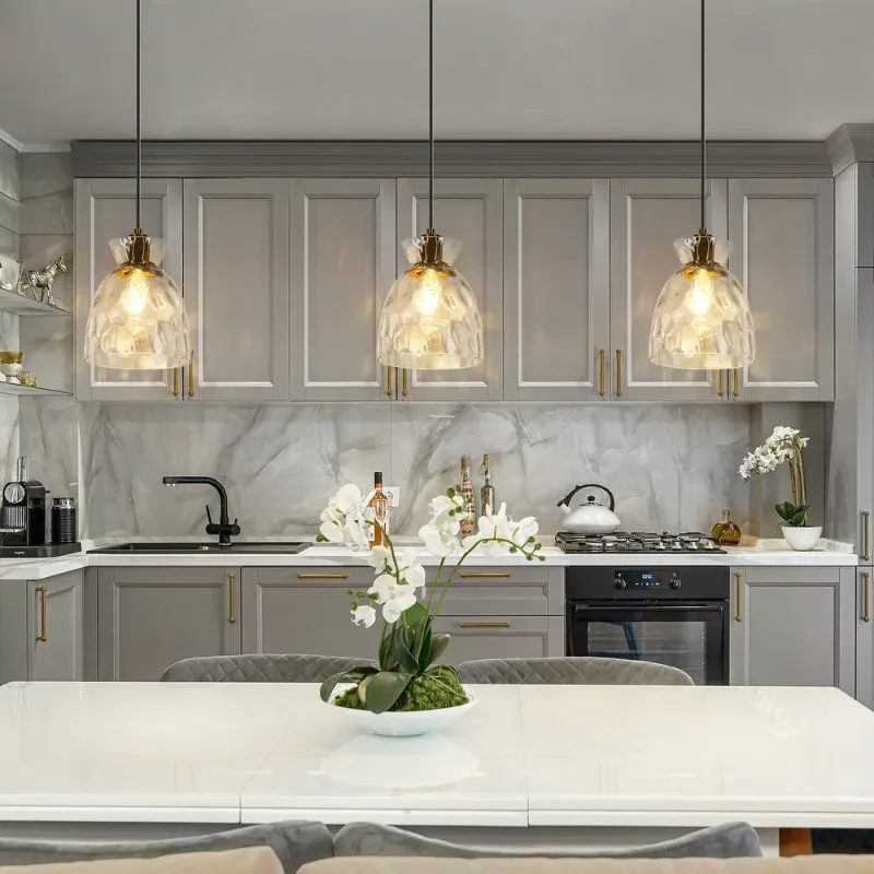 Photo 1 of ***TWO LIGHTS ONLY***  Elisie Mid-century Modern Pendant Light 1-Light Waterfall Glass Hammered Dome Kitchen Island Lighting Dining Room
