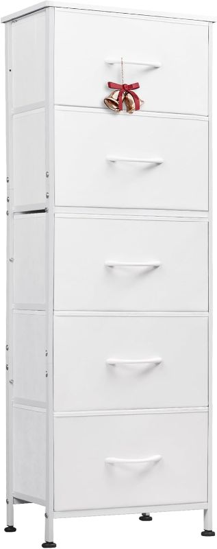 Photo 1 of ***ITEM MAY BE SIMILAR BUT NOT EXACT***   WLIVE Fabric Dresser, 5-Drawer Tall Dresser for Bedroom, Storage Dresser Organizer with Fabric Bins, Wood Top, Sturdy Steel Frame, Chest of Drawers for Closet, Hallway, White
