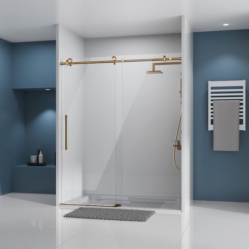 Photo 7 of DELAVIN 56-60.in W x 72.in H Frameless Shower Door, Water Repellent Gold Shower Door with 5/16" (8mm) Clear Tempered Glass, Easy Sliding Showe Door with Explosion-Proof Film, Stainless Steel