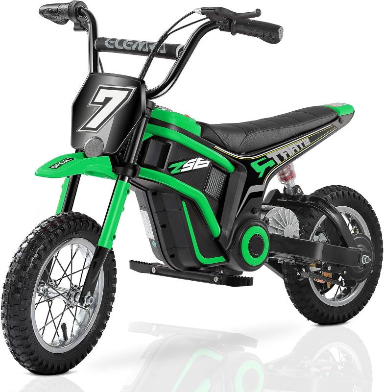 Photo 1 of  Electric Motorcycle, 350W Eelectric Dirt Bike for Kids, 15.5 mph & 150lb Max, w/Music & Bluetooth, Chain-Driven Motor,Twist-Grip Throttle & Hand-Operated Rear Brake,12" Air-Filled Tires-Green