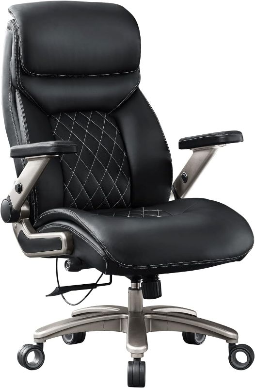 Photo 1 of Big and Tall Office Chair with 5D Flip Arms, 600LBS PU Leather Executive Office Chair, Adjustable Lumbar Support 3'' Double Space Wheel, Managerial Home Desk Chair, Heavy Duty High Back Computer Chair