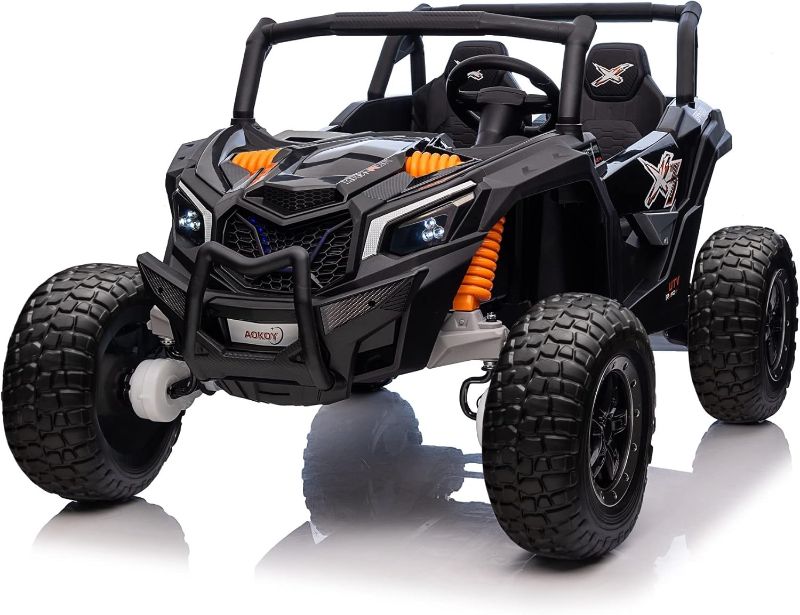 Photo 1 of 24V Ride On Car for Kids, 2 Seater Battery Powered Cars 4x4 Kids Electric UTV with Remote Control Ride On Truck with Rubber-Plastic Polymerized EVA Tires Bluetooth LED Lights, Black