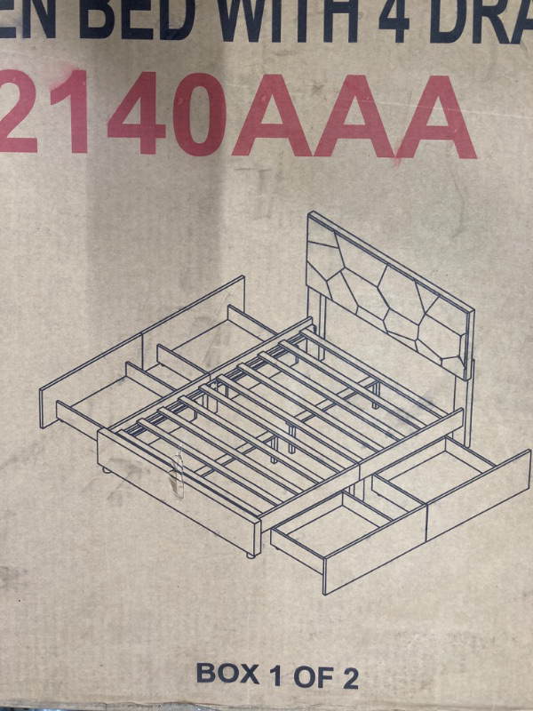 Photo 3 of (BOX 1 OF 2 ONLY))HBRR Queen Size Platform Bed with 4 Storage Drawers and Brick Pattern Headboard, No Box Spring Needed/Easy Assembly, Beige