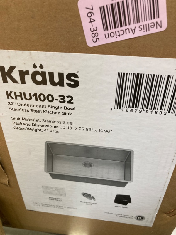 Photo 3 of ( BOX 2 OF 2) Kraus KHU100-32 Standart PRO 16 Gauge Undermount Single Bowl Stainless Steel Kitchen Sink, 32 Inch