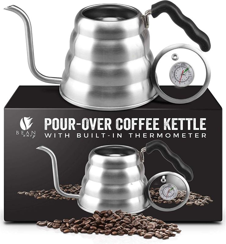 Photo 1 of Bean Envy Gooseneck Pour Over Coffee Kettle - 40oz/1.2L - Premium Grade Stainless Steel - Insulated BPA Free Plastic Ergonomic Handle - Glass Top With Built-In Thermometer