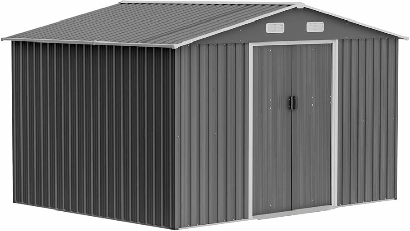 Photo 1 of 10 x 8 FT Outdoor Storage Shed, Metal Garden Shed with Floor Frame, Large Tool Shed Outdoor Storage with Lockable Sliding Doors & Air Vents, Storage House Waterproof for Backyard, Lawn, Gray