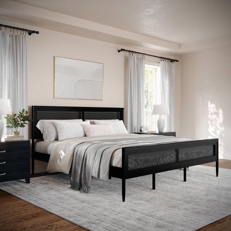 Photo 1 of 
Martha Stewart Jax Platform Bed with Rattan Headboard and Footboard, Solid Wood Frame, Wooden Support Slats, No Box Spring Needed, King Size, Black