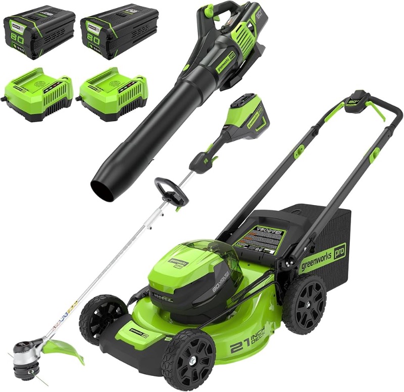 Photo 1 of ***ITEM IS EXTREMELY USED, PARTS ONLY******Greenworks 80V 21" Cordless Battery Push Lawn Mower,16" Cordless Battery String Trimmer & 730 CFM Leaf Blower,Combo Kit w/ (1) 4.0Ah Battery (1)2.5 Ah Battery and (2)Charger