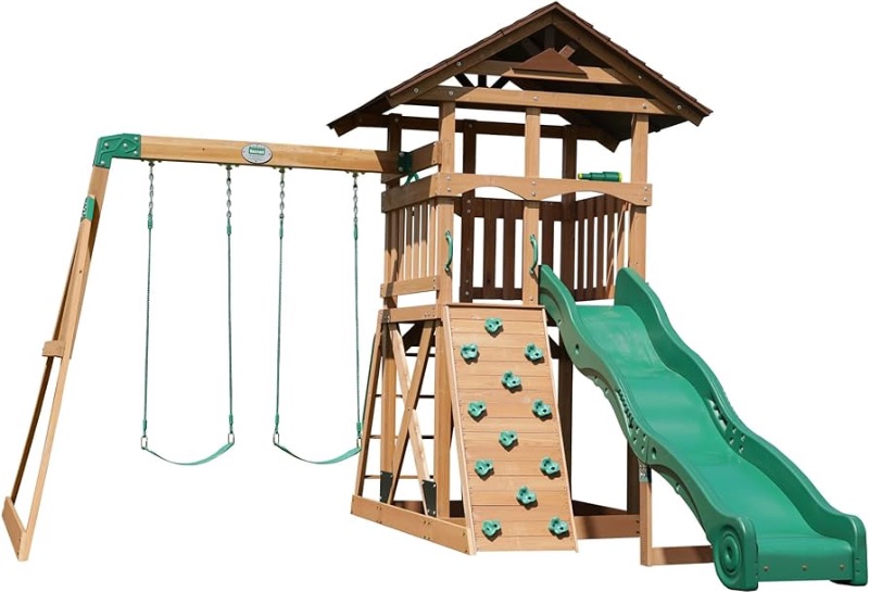 Photo 1 of Backyard Discovery Lightning Ridge All Cedar Wooden Swing Set, Raised Clubhouse, 2 Belt Swings, 10 Inch Wave Slide, Ladder, Climbing Rock Wall