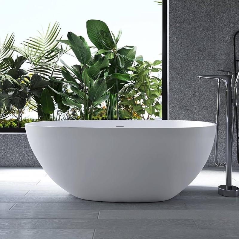 Photo 1 of 59" Stone Resin Freestanding Bathtub, Oval Solid Surface Bathroom Freestanding Tub, Thin Edge Stand Alone Tub with Integrated Slotted Overflow and Pop-up Drain, Matte White 302-150