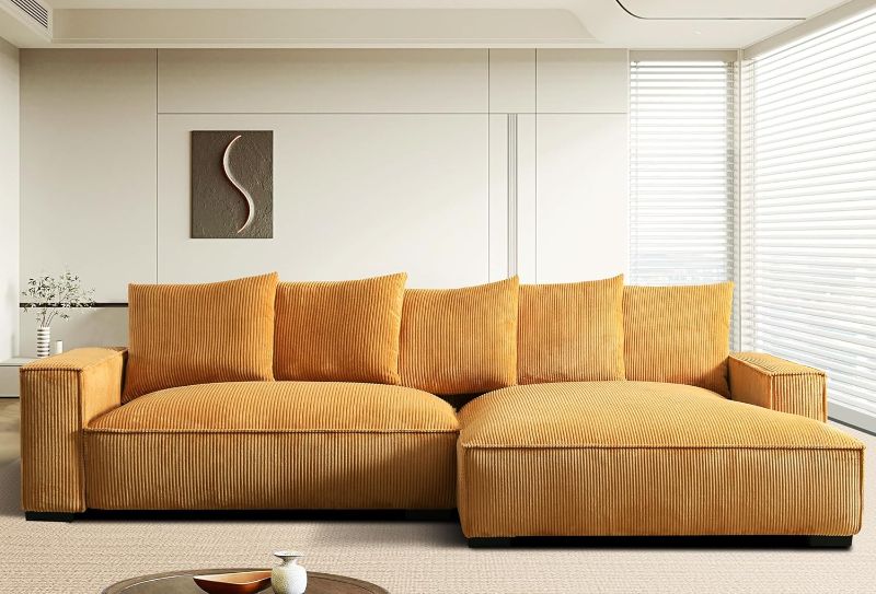 Photo 1 of Luxe Large Two-Piece Right Facing Sectional Sofa for Living Room, 106.7-Inch L Shaped Loveseat and Chaise, Upholstered with Corduroy Fabric, 3, Ginger Yellow