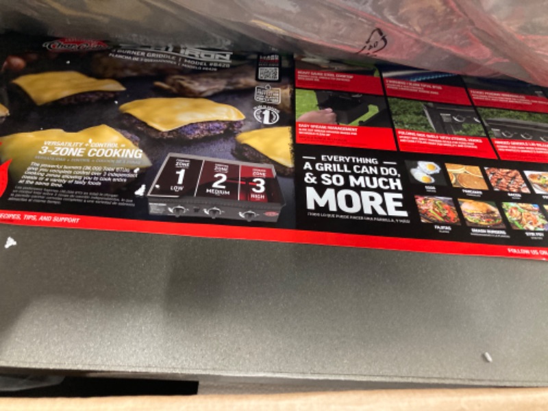 Photo 1 of Char-Griller® Flat Iron 3-Burner Propane Gas Flat-Top Griddle with Steel Griddle Top, Hinged Lid and Wind Guards, 520 Cooking Square Inches in Black, Model 8428
