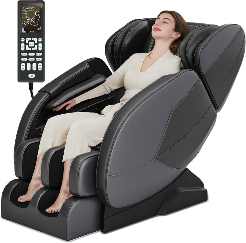 Photo 2 of 
Massage chair recliner with zero gravity full body air pressure heat and foot roller included black and grey