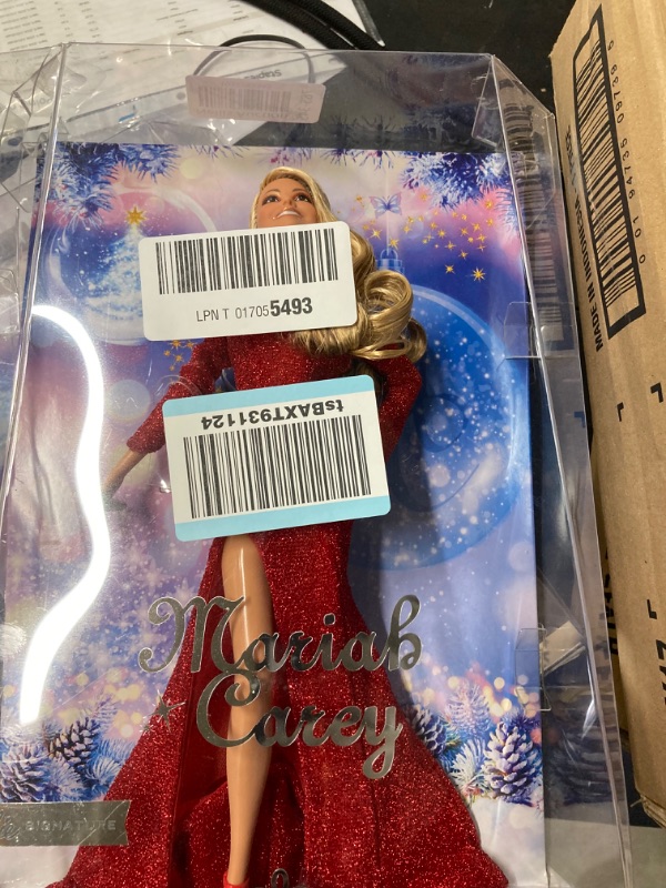 Photo 2 of ***(DAMAGED BOX)***
Barbie Signature Doll, Mariah Carey Holiday Collectible in Red Glitter Gown with Silvery Accessories