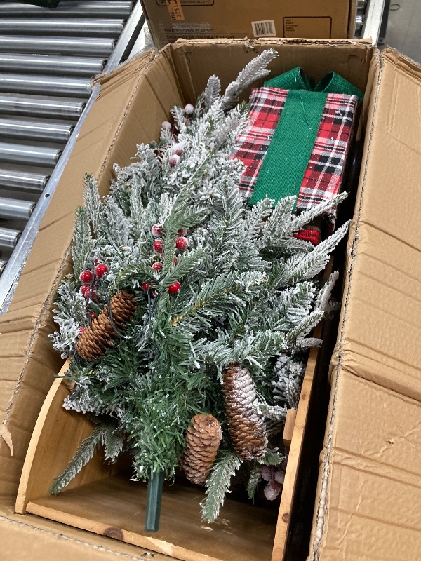 Photo 1 of 4.3 FT Christmas Trees in Wooden Sleigh Prelit Artificial Snow Flocked Topiary with Gift Box Battery Powered with 8 Modes and Timer for Indoor Outdoor