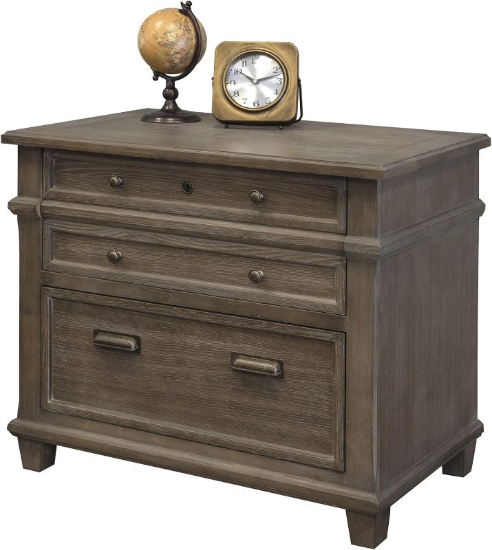 Photo 1 of Constructed of solid Pine and Ash veneers, Carson Office fits well in any home or executive office. Weathered dove finish accentuates the natural open grain, creating a casual yet elegant look. Mottled antique finish hardware and four point diamond metal 