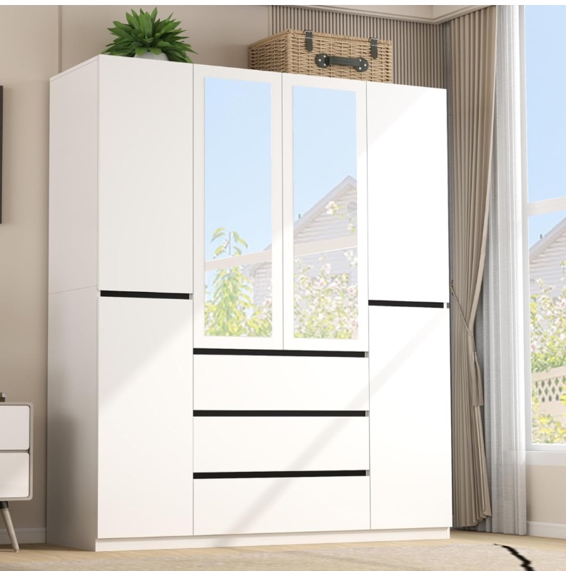 Photo 1 of 4-Doors Armoire Wardrobe Closet with 3 Drawers & Mirror, Wooden Bedroom Armoires with Shelves and Hanging Rod for Bedroom, Guest Room, Freestanding Wardrobe, 63" L x 20.50" W x 74.8" H, White