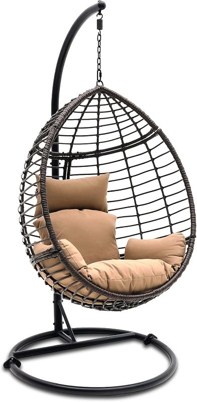 Photo 1 of *STOCK PHOTO JUST FOR REFERENCE** Slendor egg chair with stand & foot rest wicker hanging swing chair with leg rest and stand indoor/ outdoor hammock basket chair with cushion headrest for bedroom porch Brown 