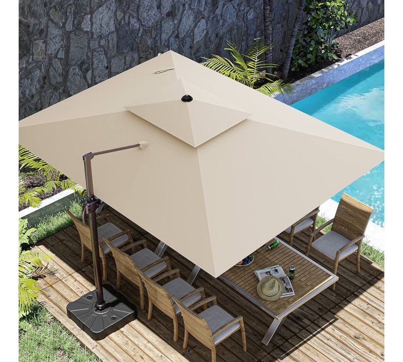 Photo 1 of 10x13FT Cantilever Outdoor Patio Umbrellas, Double Top Large Rectangle Umbrella, Heavy Duty 360° Rotation Offset Outdoor Sun Shade Umbrella for Garden Deck Pool Backyard Patio, Beige