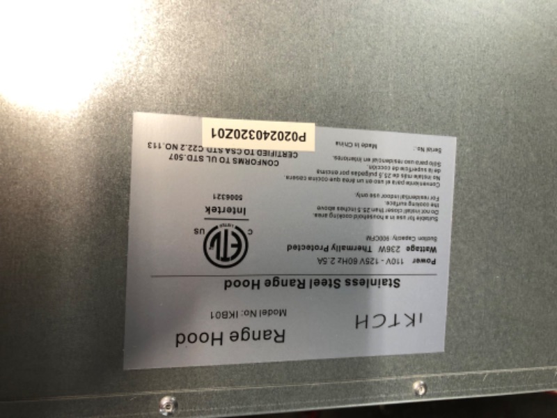 Photo 7 of ***USED - INCOMPLETE - MISSING PARTS - UNABLE TO VERIFY FUNCTIONALITY***
900 CFM Ducted Insert Range Hood in Stainless Steel and Black Glass with Lights