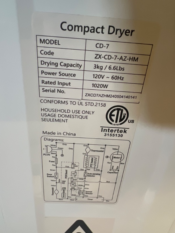 Photo 3 of ***USED - DIRTY - NO PACKAGING - UNABLE TO TEST***
Euhomy Compact Dryer 1.8 cu. ft. Portable Clothes Dryers with Exhaust Duct with Stainless Steel Liner Four Function Small Dryer Machine, Suitable for Apartments, Dorm, RVs, White