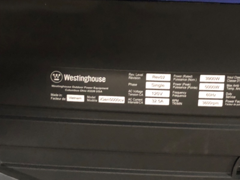 Photo 3 of ***USED - LEAKING OIL - UNABLE TO TEST - PARTS LIKELY MISSING - SEE PICTURES***
Westinghouse Outdoor Power Equipment 5000 Peak Watt Super Quiet Portable Inverter Generator, Remote Electric Start with Auto Choke, RV Ready 30A Outlet, Gas Powered, CO Sensor