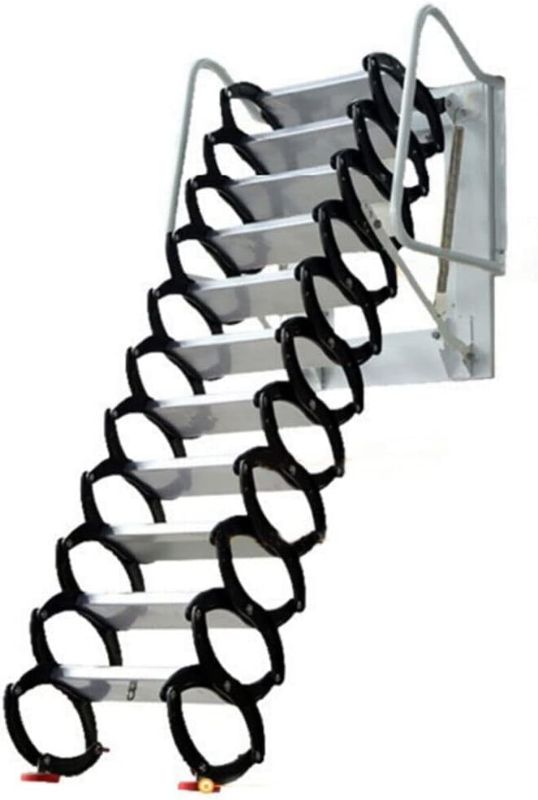 Photo 1 of 12 Steps Wall Mounted Folding Stairs, Attic Steps Pull Down Attic Stairs Retractable Attic Ladder Al-Mg Alloy Loft Ladder Stairs Attic Steps with Armrests (Weight Capacity 1000lb) Black
