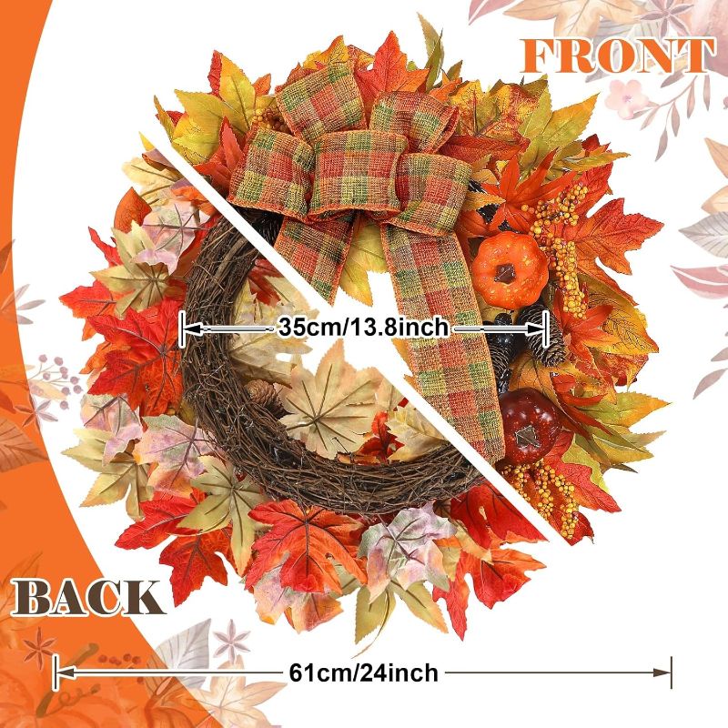 Photo 3 of (READ FULL POST) LASPERAL Fall Wreath with Lights for Front Door, 24 inch 30 LED Large Autumn Door Wreath with Pumpkin Maples Leaf Pine Cone Berry Harvest Thanksgiving Wreath with Ribbon Bow Halloween Porch Decor