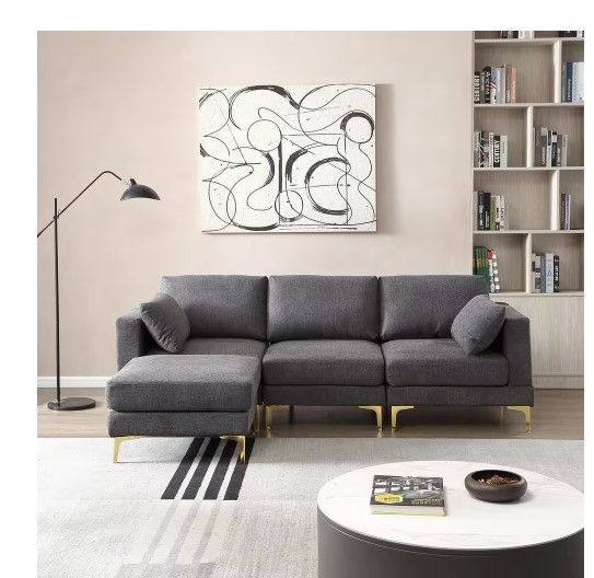 Photo 1 of **pic for reference actual color black*** 92.9 in Wide Square Arm Polyester Modern L-shaped Sofa in. Dark Gray with Ottoman and 2 Pillows