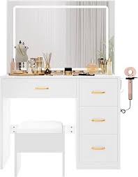 Photo 1 of 36" Modern Mirror Makeup Vanity with 4 Drawers Charging Station and Light Strip, White