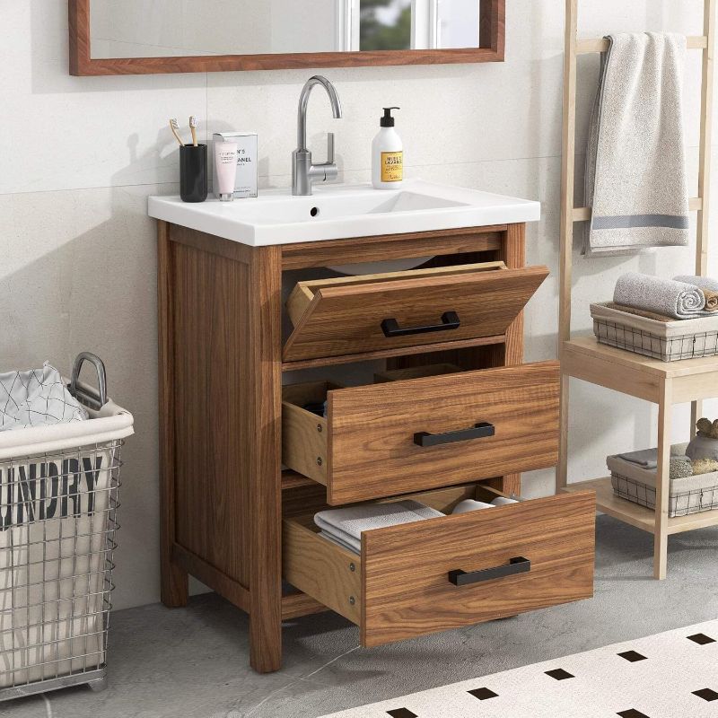 Photo 1 of 24'' Bathroom Vanity with Ceramic Basin Sink, Modern Bathroom Storage Cabinet with 3 Drawers, Freestanding Bathroom Vanity Cabinet with Single Sink