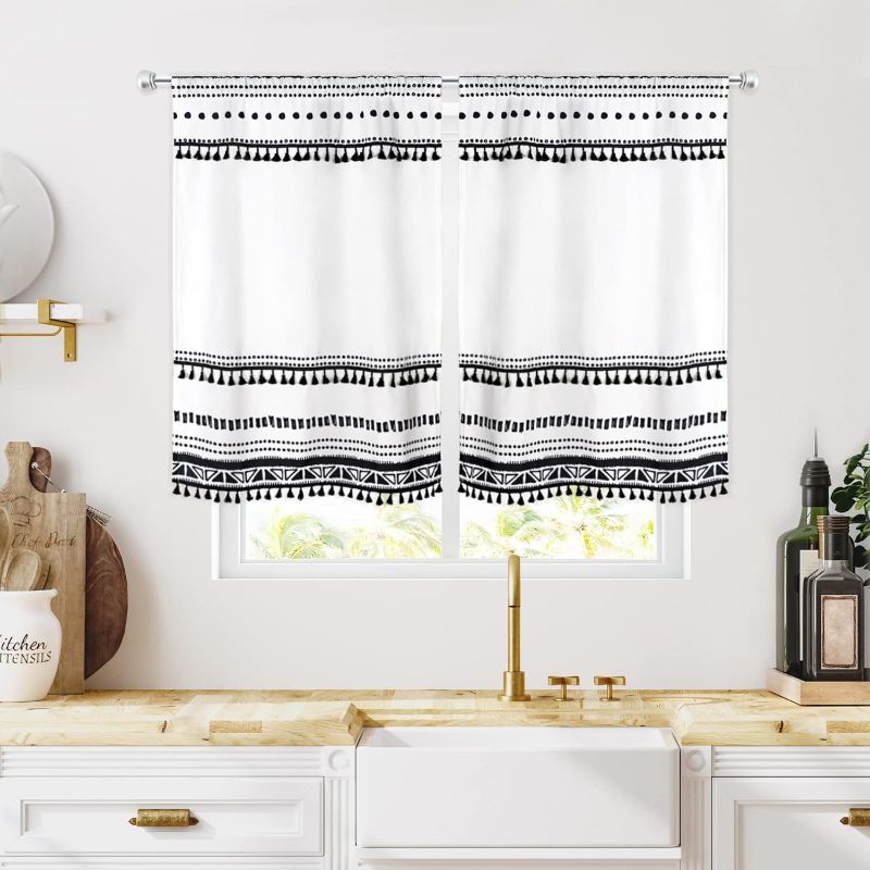 Photo 1 of **MINOR DAMAGE STAINED**
MESHELLY Black White Kitchen Curtains 27.5Wx 39H Rod Pocket Boho Kitchen Curtains Farmhouse Kitchen Curtains Bohemian Tassel Decor Tribal Striped Chic Abstract Geometric Window Drapes Fabric 2 Panel