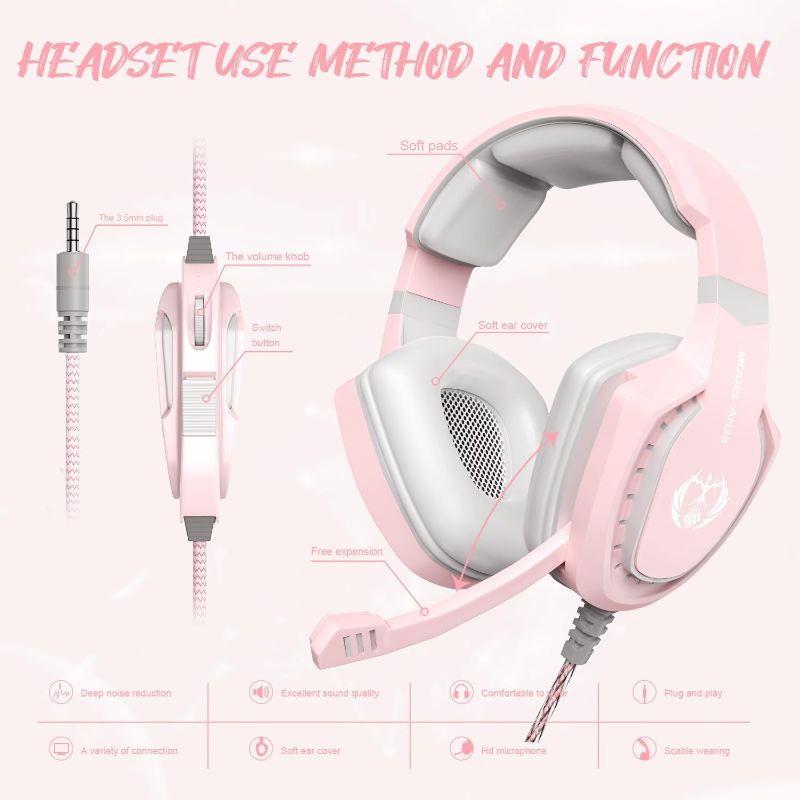 Photo 3 of Anivia Pink Gaming Headset with Mic for PS5 PS4 Xbox One, Wired Over Ear Headphones with Microphone for PC Computer Laptop Desktop Mac Phones Tablets