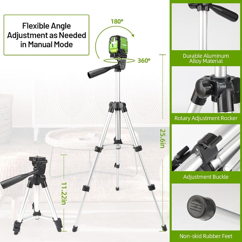 Photo 4 of (READ FULL POST) Laser Level with Tripod, Huepar 98Ft Self Leveling Laser Level Green Line Laser Cross Line Laser Leveler Tool for Picture Hanging, Tile, Home Renovation, Indoor Project, Battery&Carrying Bag Included