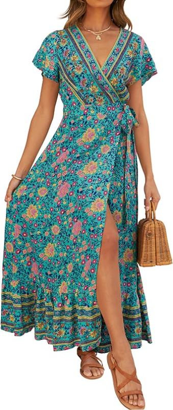 Photo 1 of (READ FULL POST) ZESICA Women's 2024 Bohemian Floral Printed Wrap V Neck Short Sleeve Split Beach Party Maxi Dress Size XL