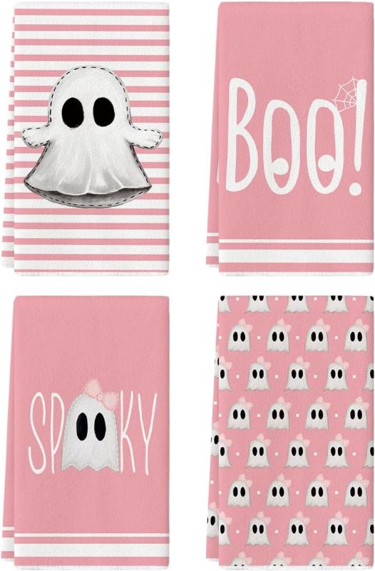 Photo 1 of Artoid Mode Pink Stripes Ghost Boo Spooky Halloween Kitchen Towels Dish Towels, 18x26 Inch Bow Knot Decoration Hand Towels Set of 4
