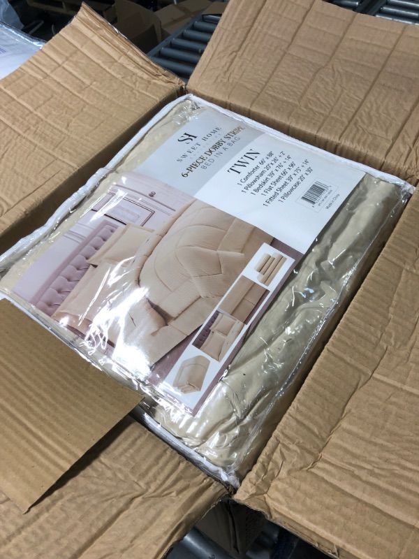 Photo 2 of ***brand new, whole case***  Sweet Home Collection 6 Piece Bed in a Bag with Dobby Stripe Comforter, Sheet Skirt, and Sham Set, Twin, Beige, 6, (Pack of 4)