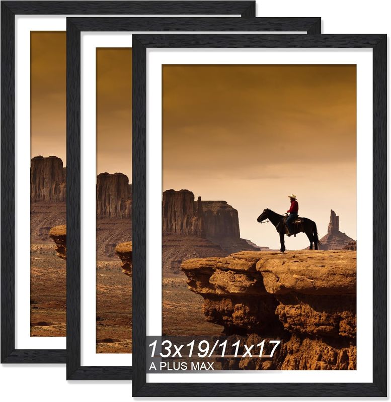 Photo 1 of A PLUS MAX 13x19 Picture Frame Set of 3, Engineered Wood Frame Display Photo 11 x 17 with Mat or 13 x 19 without Mat, 13by19 Frame with Black Wood Grain for Wall - 3 Pack/Black/13 x19