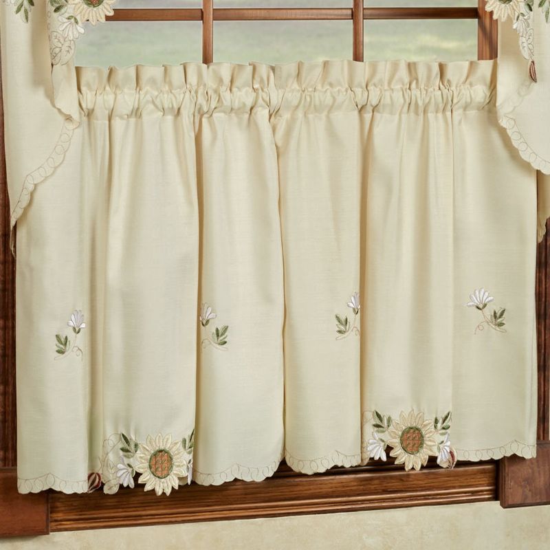 Photo 3 of  set of 3 Sweet Home Collection Sunflower Cream Embroidered Kitchen Curtains Swag Pair