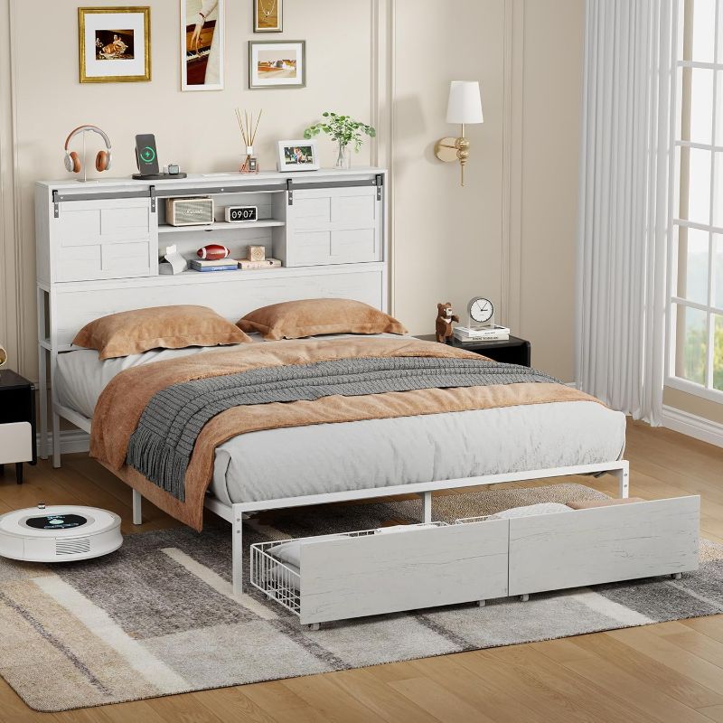 Photo 1 of ***No packaging*** ***Hardware loose in bag*** Farmhouse Bed Frame with Move Storage Headboard & 2 Drawers, Platform Bedframe with 3-in-1 Charging Station, Upholstered Bed Frames with Metal Slats Support (Full White)