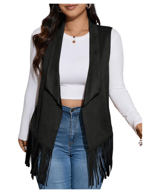 Photo 1 of BEAUDRM Women's Plus Size Fringe Suede Vest Sleeveless Western Faux Suede Tassel Cardigan Black 4X-Large Plus