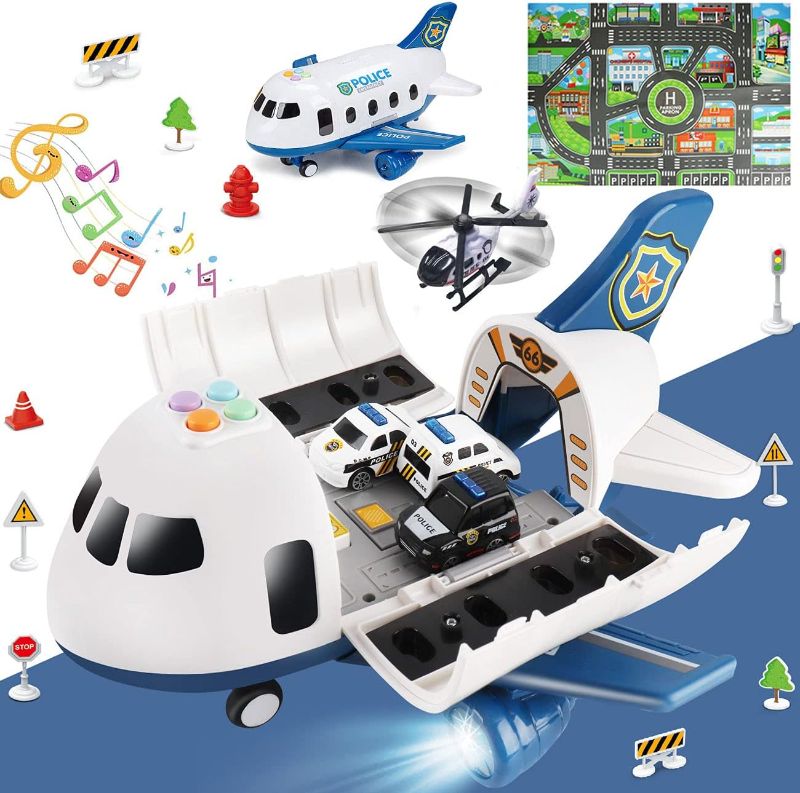 Photo 1 of 5 in 1 Airplane Toys with Light and Sound,Police car Toys with Activity Mat, Christmas Birthday Gifts for Kids 3 4 5 6 Year Old Boys Girls
