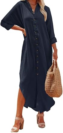 Photo 2 of Dokotoo Womens Plus Size Casual Summer Spring Wrap Button Down Front Cotton Long Sleeve Maxi Dress Long Cardigan Beach Boho Cover Ups Shirt Dresses for Women 2024 Royal Blue Small