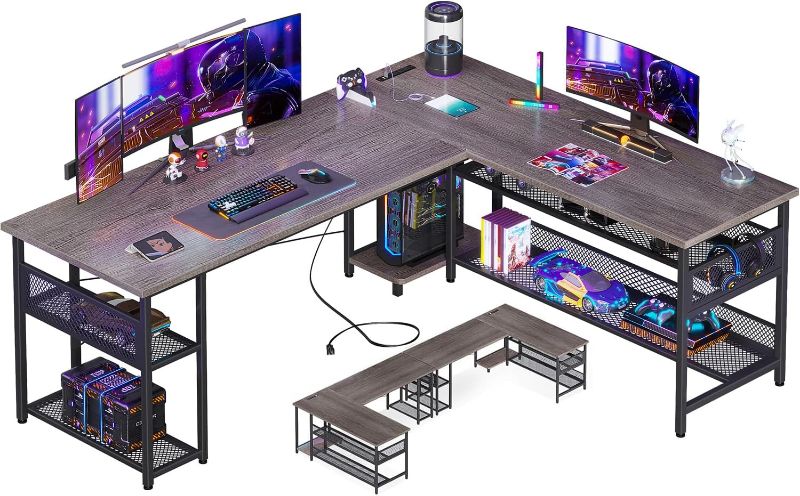 Photo 1 of  Gaming Desk USB Power Outlets, Reversible L Shaped Computer Desk with 4 Drawers, Corner Gamer Desk with CPU Shelf & Monitor Stand, Gaming Table for Bedroom, Vintage
