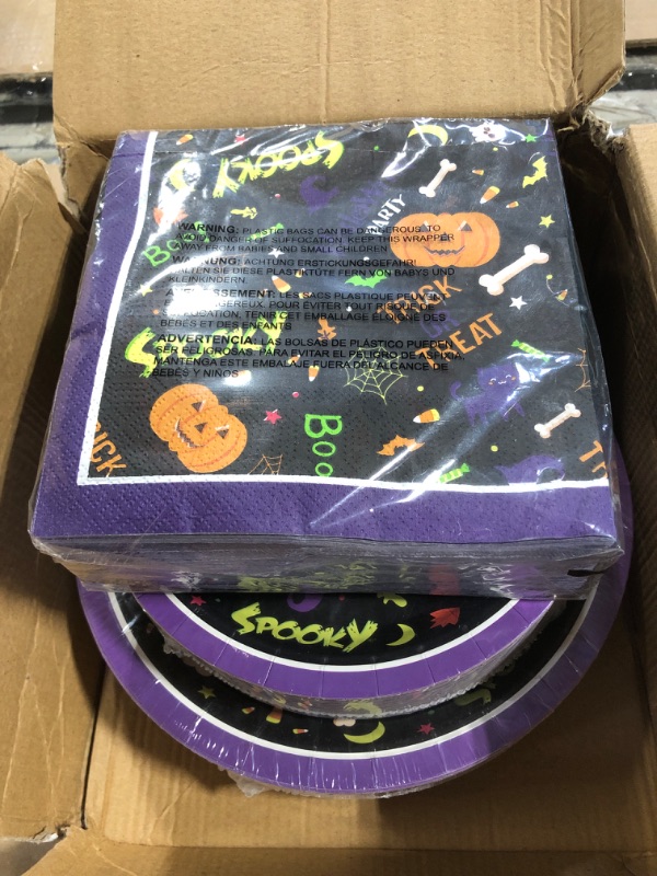 Photo 2 of ** factory sealed** Gatherfun Halloween Party Supplies Disposable Paper Plates Napkins for Spooky Halloween Party Decorations Serve 50