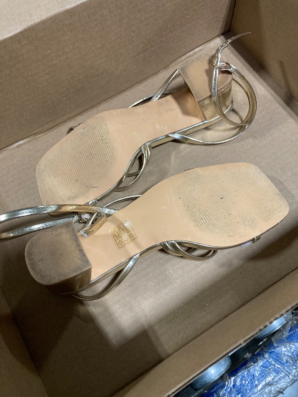 Photo 3 of ***VERY USED***Shoe'N Tale Strappy Heels for Women Low Chunky Block Heel Dress Shoes Square Open Toe Ankle Strap Heeled Sandals(7.5,Gold)