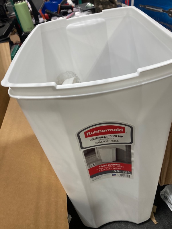 Photo 2 of 13.25 Gal White Plastic Spring Top Wastebasket
