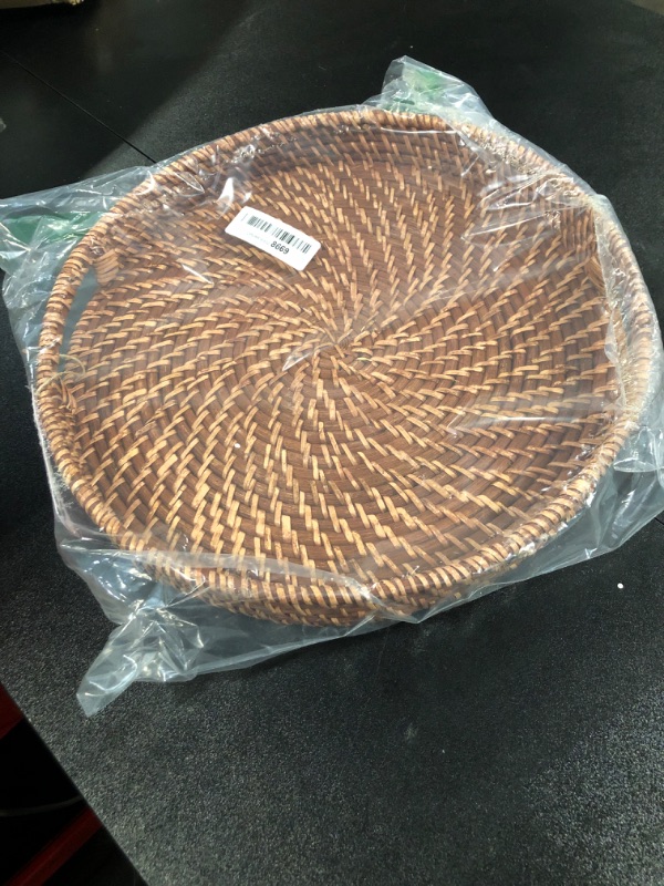 Photo 2 of 13.8 inch Rattan Tray, Round Wicker Tray with Cut-Out Handles, Woven Serving Tray for Dining / Coffee Table