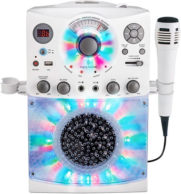 Photo 1 of **** SIMILAR***Singing Machine Portable Karaoke Machine for Adults & Kids with Wired Microphone, White - Built-In Speaker, Bluetooth with LED Disco Lights - Karaoke System with CD+G Player & USB Connectivity