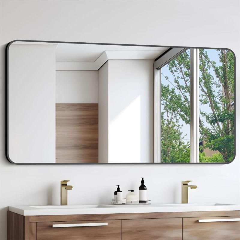 Photo 1 of ***** SIMILAR// MEASUREMENTS ARE IN THE PHOTO///// Bathroom Mirror, 30"x55" Black Rectangle Wall Mirror, Metal Frame Rounded Corner Vanity Mirror, Large Wall Mounted Mirror for Modern Bedroom Living Room Horizontal Or Vertical Mounting